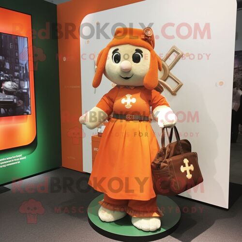 Personnage De Costume De Mascotte Redbrokoly De Croix Celtique Orange Vêtu D'une Jupe Trapèze Et De Sacs Fourre-Tout