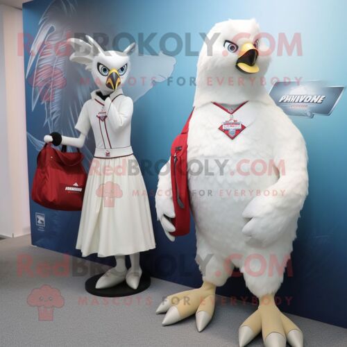 Personnage De Costume De Mascotte Redbrokoly De Faucon Blanc Habillé D'une Robe Trapèze Et De Sacs À Main