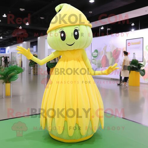 Personnage De Costume De Mascotte Redbrokoly De Melon Jaune Habillé D'une Robe De Soirée Et De Bérets