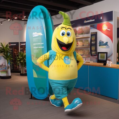 Personnage De Costume De Mascotte Redbrokoly Teal Banana Habillé Avec Un Short De Course Et Des Sacs Messenger