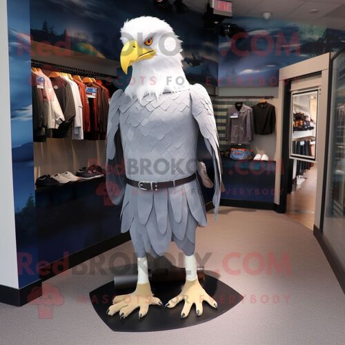 Personnage De Costume De Mascotte Redbrokoly D'aigle À Tête Blanche Argenté Habillé D'une Jupe Et De Pinces À Chaussures