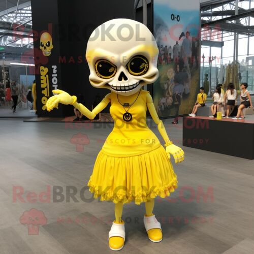 Personnage De Costume De Mascotte Redbrokoly De Crâne Jaune Citron Habillé D'une Robe Trapèze Et De Bracelets De Cheville