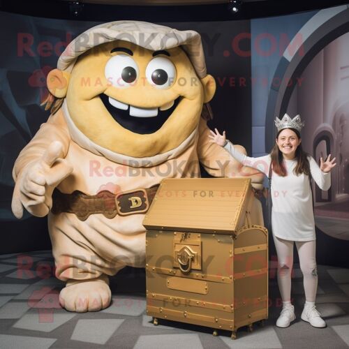Personnage De Costume De Mascotte Redbrokoly De Coffre Au Trésor Beige Habillé D'un Body Et De Montres