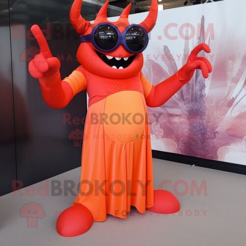 Personnage De Costume De Mascotte Redbrokoly De Diable Orange Habillé D'une Robe De Soirée Et De Lunettes De Soleil