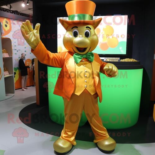 Personnage De Costume De Mascotte Redbrokoly Orange Pot Of Gold Habillé D'un Manteau Et De Gants