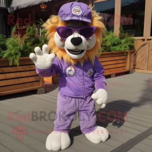 Personnage De Costume De Mascotte Redbrokoly Lavender Tamer Lion Habillé Avec Une Salopette Et Des Lunettes De Soleil