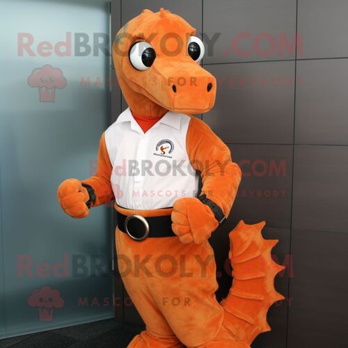 Personnage De Costume De Mascotte Redbrokoly D'hippocampe De Rouille Habillé D'un Costume Et De Montres Bracelet