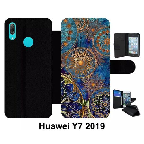 Etui À Rabat Huawei Y7 - Ornements Or Et Bleu Nuit - Simili-Cuir - Noir