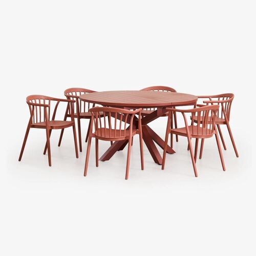 Set de table extensible 145-200x145 cm en aluminium Barces et 6 chaises de salle à manger empilables avec accoudoirs Ivor Terracota