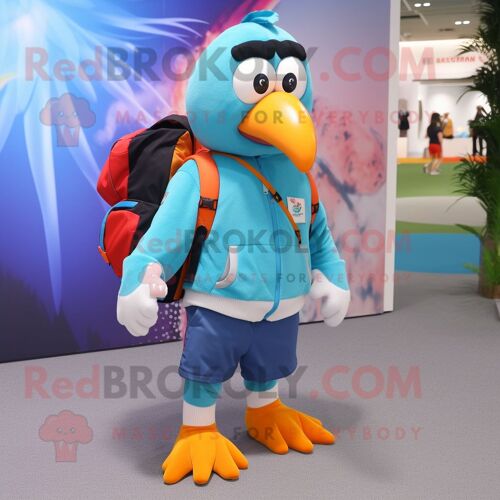 Personnage De Costume De Mascotte Redbrokoly Toucan Bleu Ciel Habillé D'un Sweat-Shirt Et De Sacs À Dos
