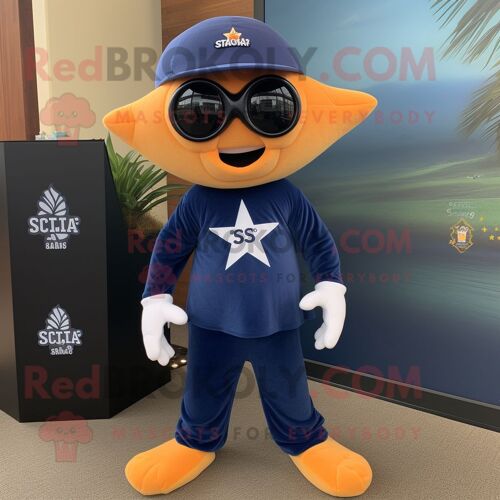 Costume De Mascotte Redbrokoly D'étoile De Mer Bleu Marine Habillé D'un Jogging Et De Lunettes