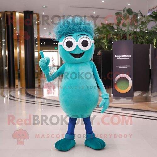 Mascotte Redbrokoly De Personnage Turquoise Champagne Habillé Avec Un Jegging Et Des Lunettes