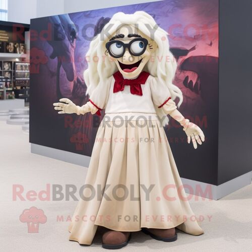 Personnage De Costume De Mascotte Redbrokoly De Vampire Beige Habillé D'une Jupe Longue Et De Lunettes