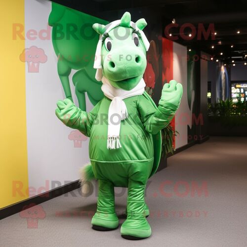Personnage De Costume De Mascotte Redbrokoly De Cheval Vert Habillé D'un Pantalon De Jogging Et De Clips D'écharpe