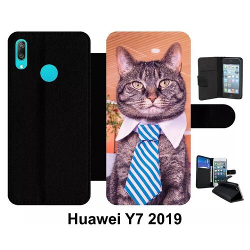 Etui À Rabat Huawei Y7 - Chat Cravate - Simili-Cuir - Noir