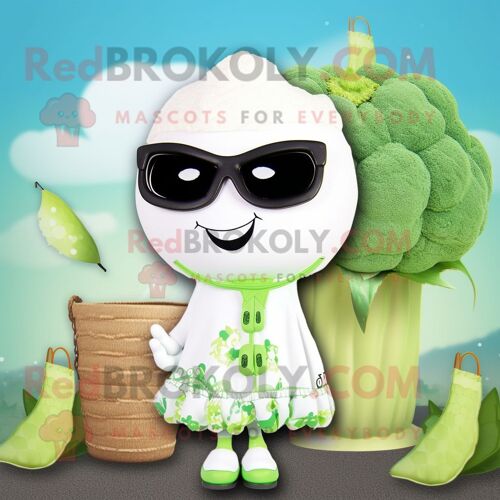 Personnage De Costume De Mascotte Redbrokoly De Brocoli Blanc Habillé D'un Bikini Et De Boucles D'oreilles