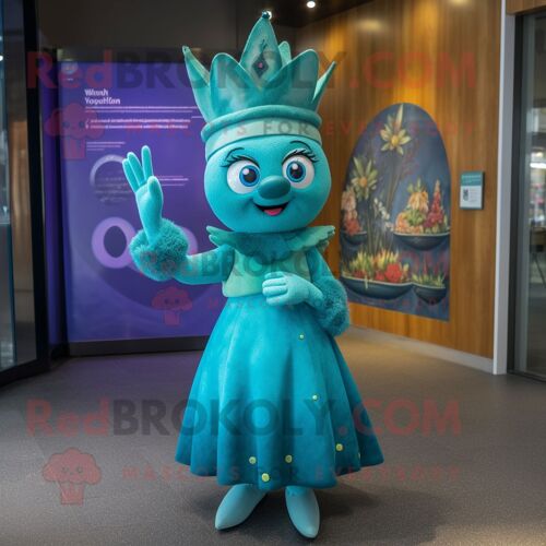 Personnage De Costume De Mascotte Redbrokoly Teal Queen Habillé D'une Robe Midi Et De Gants