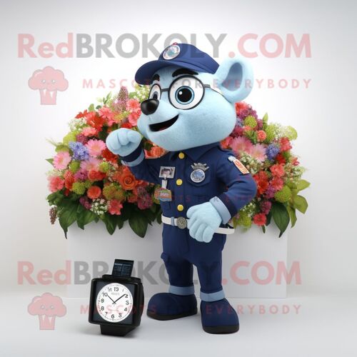Personnage De Costume De Mascotte Redbrokoly De Bouquet De Fleurs Bleu Marine Habillé D'une Chemise Oxford Et De Montres Numériques