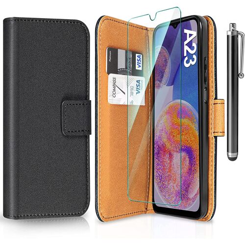 Coque pour Samsung Galaxy A23 avec Stylet et 1 Verre Trempé, Etui en Cuir PU Portefeuille Coque avec Fente Carte, Étui Flip Pliable Housse Coque Samsung A23 Noir