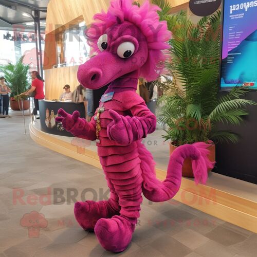 Personnage De Costume De Mascotte Redbrokoly Hippocampe Magenta Habillé D'un Jean Évasé Et De Bracelets