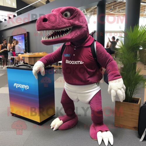 Personnage De Costume De Mascotte Redbrokoly Magenta T Rex Habillé Avec Un Short De Bain Et Des Sacs À Main