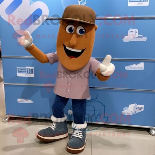 Personnage De Costume De Mascotte Redbrokoly Marron Paire De Patins À Glace Habillé D'une Chemise En Jean Et De Pinces À Chaussures