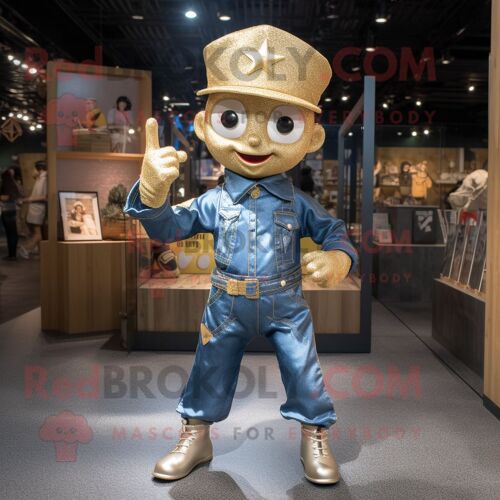 Personnage De Costume De Mascotte Redbrokoly De Magicien Doré Habillé D'une Chemise En Jean Et De Bandeaux