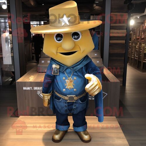 Personnage De Costume De Mascotte Redbrokoly De Magicien Doré Habillé D'une Chemise En Jean Et De Bandeaux