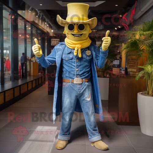 Personnage De Costume De Mascotte Redbrokoly De Magicien Doré Habillé D'une Chemise En Jean Et De Bandeaux