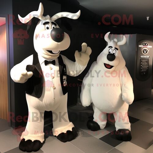 Costume De Mascotte Redbrokoly D'orignal Blanc Habillé D'un Smoking Et De Montres