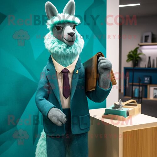Personnage De Costume De Mascotte Redbrokoly De Lama Bleu Sarcelle Habillé D'un Blazer Et De Pochettes