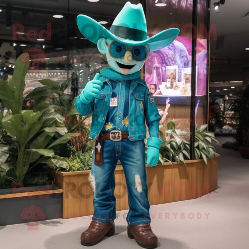 Personnage De Costume De Mascotte Redbrokoly Teal Cowboy Habillé D'un Short En Jean Et De Montres Numériques