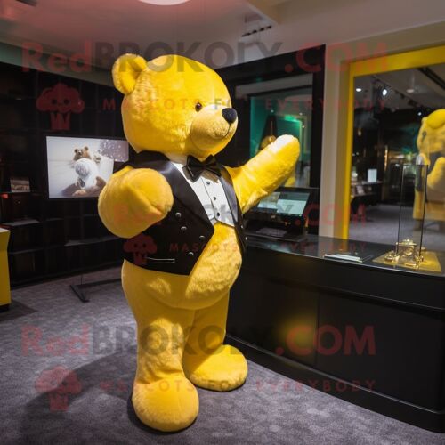 Personnage De Costume De Mascotte Redbrokoly D'ours En Peluche Jaune Habillé D'un Smoking Et De Montres