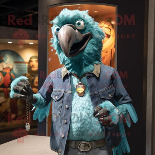 Personnage De Costume De Mascotte Redbrokoly De Vautour Turquoise Vêtu D'une Chemise En Jean Et De Broches