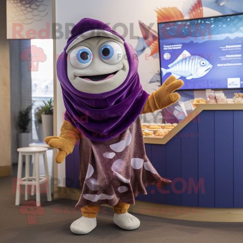 Personnage De Costume De Mascotte Redbrokoly Fish And Chips Violet Habillé D'une Combinaison Et De Châles