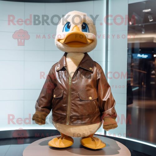 Personnage De Costume De Mascotte Redbrokoly De Canard Bronzé Habillé D'une Veste En Cuir Et De Cravates