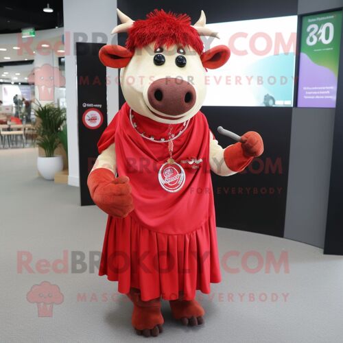 Personnage De Costume De Mascotte Redbrokoly De Boeuf Wellington Rouge Habillé D'une Robe Midi Et De Bracelets