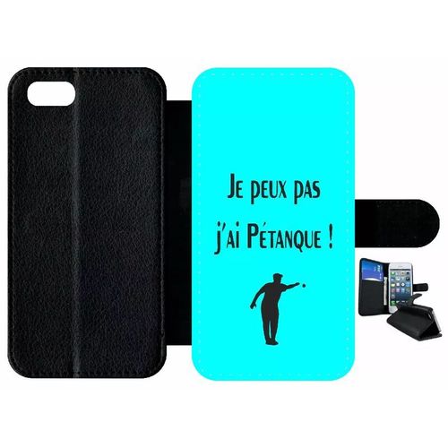 Etui À Rabat Iphone 7 - Je Peux Pas J Ai Petanque Turquoise - Simili-Cuir - Noir