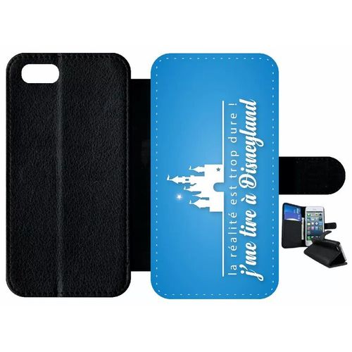 Etui À Rabat Iphone 7 - La Realite Est Tropdure Jme Tire A Disney Fond Turquoise - Simili-Cuir - Noir