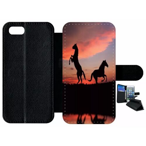 Etui À Rabat Iphone 7 - Chevaux Coucher De Soleil - Simili-Cuir - Noir