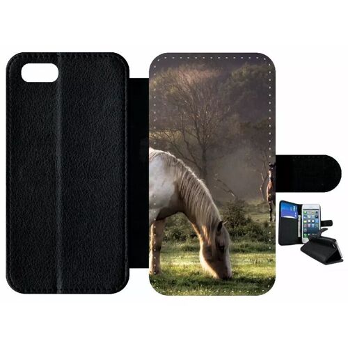 Etui À Rabat Iphone 7 - Chevaux - Simili-Cuir - Noir