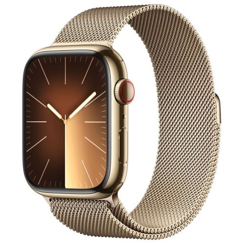Apple Watch Series 9 GPS + Cellular - Boîtier Acier Inoxydable 45 mm Or - Bracelet Milanais