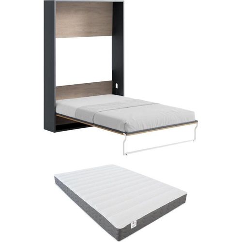 Lit escamotable 140 x 200 cm - Ouverture verticale manuelle - Coloris : Naturel et anthracite + Matelas - MALINA II
