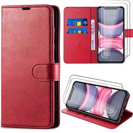 Coque + 2 Verres Trempés Pour Iphone 11, Protection Rabat Anti-Rayure Synthécuir Rouge - E.F.Connection