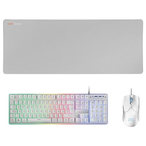 MARS GAMING MCPX PREMIUM - Clavier, souris et tapis de souris - full size - backlit - USB - QWERTY - Espagnol - commutateur : H-Mech - blanc, argent