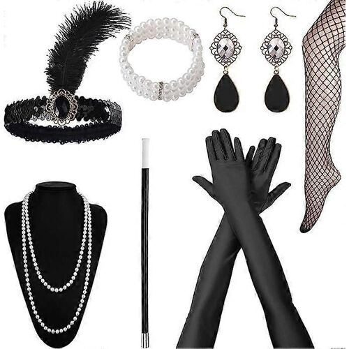 Accessoires Des Années 1920 Pour Les Femmes, Gatsby Accessoires Femmes Ensemble Mode Roaring 20 ' S Thème Ensemble, 7pcs Bandeau Long Noir Gants Collier Boucles D'oreilles Pour Les Femmes