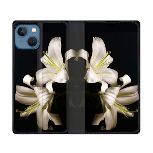 Housse Cuir Portefeuille Pour Iphone 14 (6.1) Fleur Lys Noir