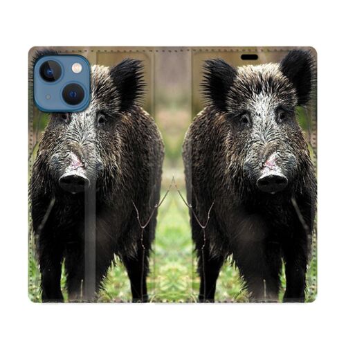 Housse Cuir Portefeuille Pour Iphone 14 (6.1) Chasse Sanglier Bois