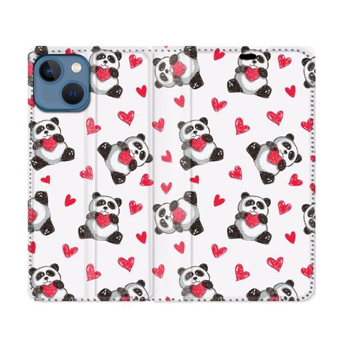 Housse Cuir Portefeuille Pour Iphone 14 Plus (6.7) Animal Panda Coeur