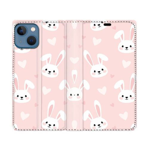 Housse Cuir Portefeuille Pour Iphone 14 Plus (6.7) Animal Lapin Rose